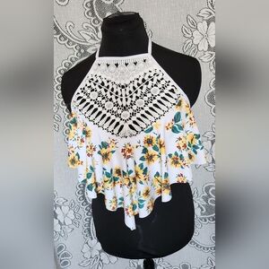 Dressfo - White Floral Halter Bathing Suit Top - (L)